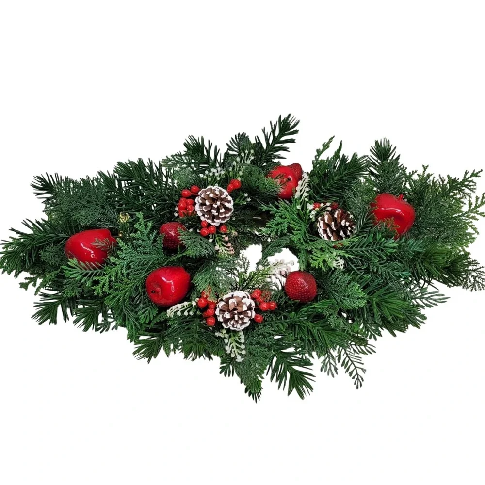 HOMCO Christmas Greenery Candle Ring Centerpiece Pine Cones Red Apples Berries‎